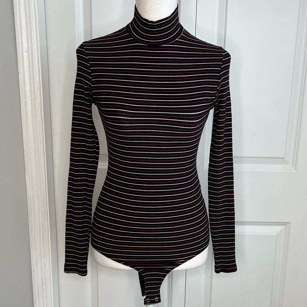 Reformation Black Red White Stripe Ribbed Mock Neck Bodysuit Long Sleeve Small